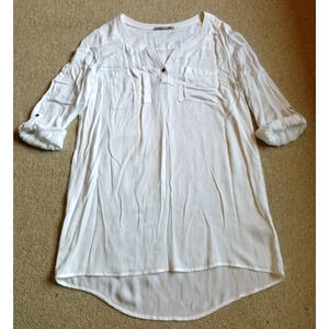 Womens Top-TAMNOON-white cotton long tunic 3/4 sleeves Old Money lagenlook-S